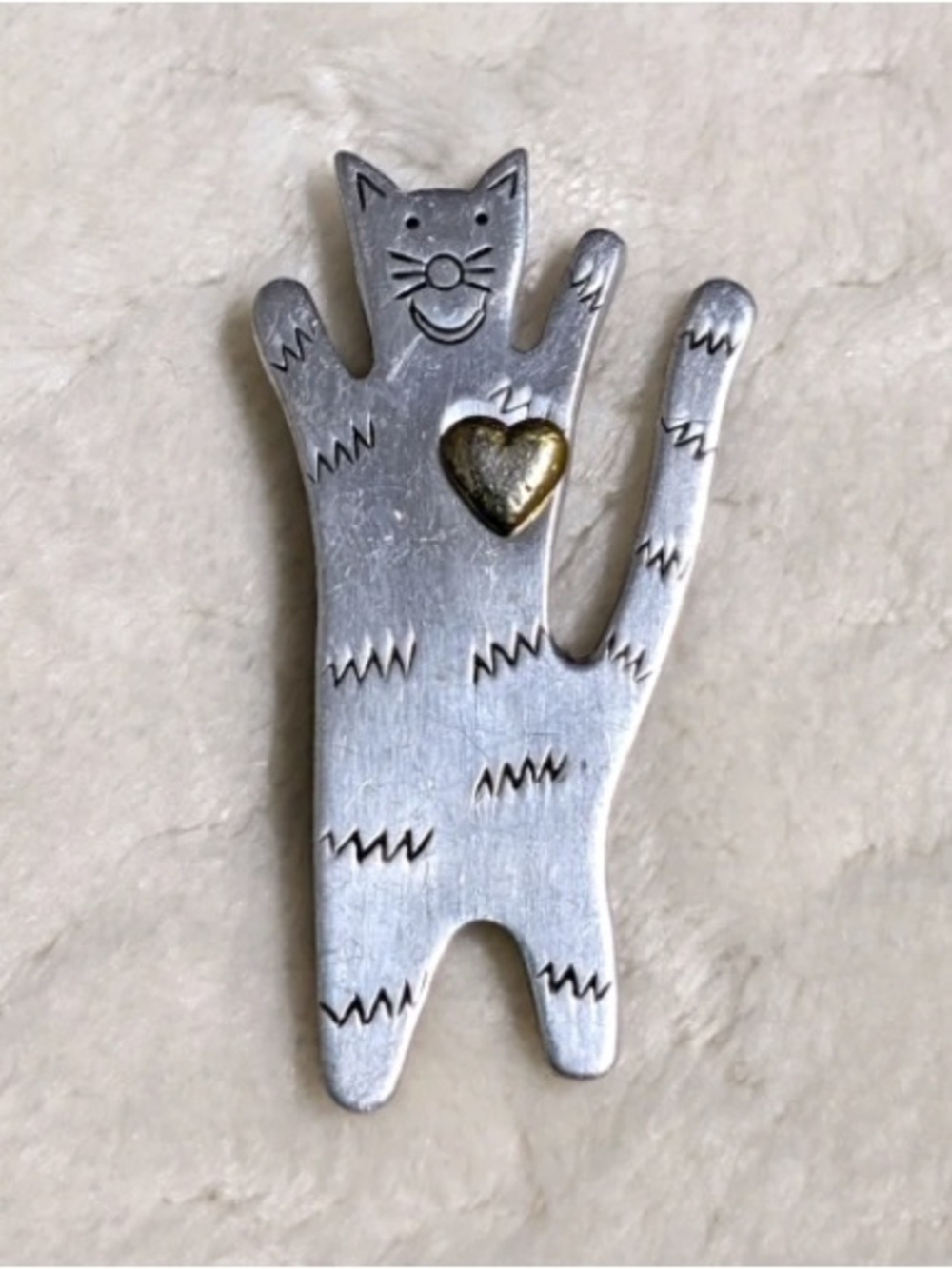 Silver Cat Charm Pin with Gold Heart Accent